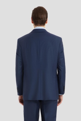 Sabri Özel Erkek Açık Lacivert Dar Kesim Slim Fit Yünlü Çizgili Fleto Kapaklı Cep Çift Yırtmaçlı Tam Astarlı Mono Yaka 4 Drop Takım Elbise