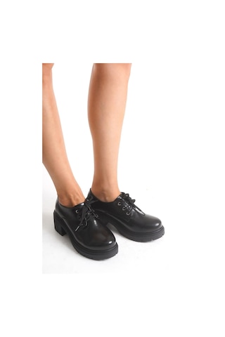 Aymood K-707 Siyah Kırışık Rugan Yüksek Tabanlı Bağcıklı Loafer Ayakkabı Siyah