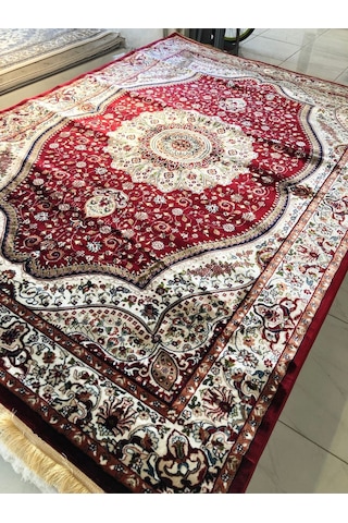 Asaryün Halı Ipek H4158 Bordo İpeksi Geleneksel Renkli Göbekli Klasik Desen Salon Halısı Modern Bordo-kırmızı