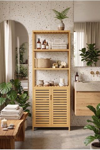 Bambu Banyo Dolabı 6 Raflı Kapaklı Salon Mutfak Çalışma Odası Dolabı Kitaplık Düzenleyici Bej