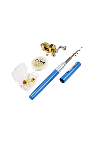 Folinda Mini Mavi Balıkçılık Seti: Aluminyum Çelik Kamış + Makine + İp + Yem Kutusu - Taşınabilir 99cm Uzunluklı