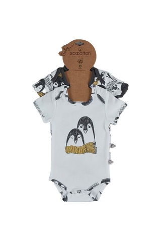 Veropukahome Ecocotton Pingu Erkek Bebek Zıbın Seti Kısa Kollu 2'Li Beyaz-Antr-0-3 Ay Beyaz