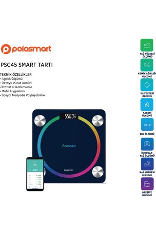 Polosmart Psc45 Pilli Bluetooth Vücut Analizli Yağ Kas Su Ölçer Hassas Akıllı Tartı Baskül Lacivert