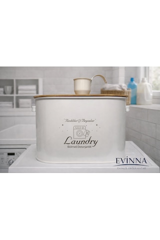 Evinna Bölmeli Metal Kapaklı Ölçekli Toz Deterjanlık, Laundry Baskılı Beyaz Çamaşır Detarjanlığı