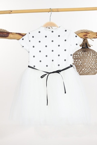 Puantiyeli Beyaz Doğum Günü Ve Özel Günler İçin Kız Çocuk Tüllü Elbise 2-7 Yaş Aralığı Beyaz