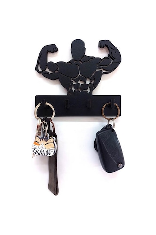 Cajuart Sporcu Kaslı Adam Bodybuilder Fitness Tema Anahtar Askısı Duvar Anahtarlık Siyah