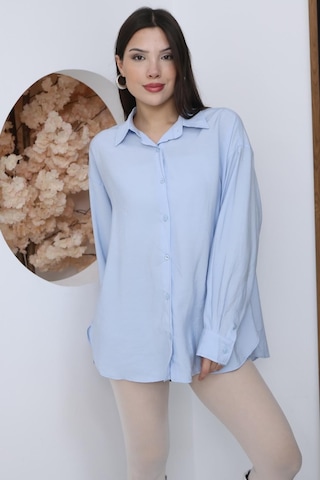 Kadın Mavi Oversize Uzun Basic Gömlek