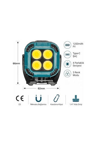İdragon W8129-4 Şarjlı Cob Led Çalışma Lambası Mıknatıslı & Askı Klipsli Acil Durum Feneri