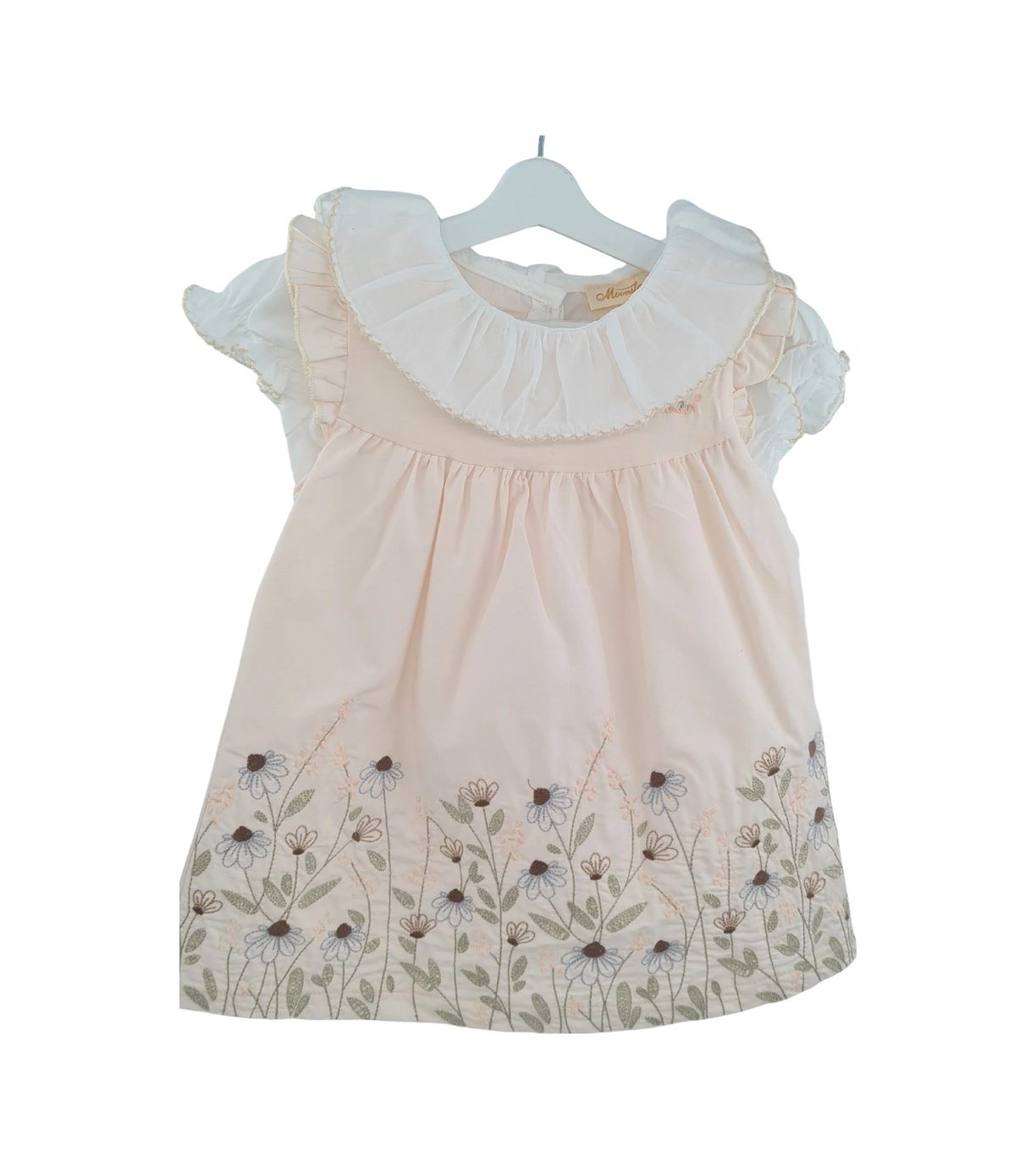 Kız Bebek Bej Çiçek İşlemeli Elbise Fırfıtlı Yaka Gömlekli Takım-1353 Bej