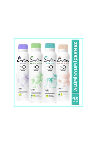 Emotion Aqua Kiss + Natural Breeze + Natural Bloom + Violet Kadın Sprey Deodorant 4 x 150 ML