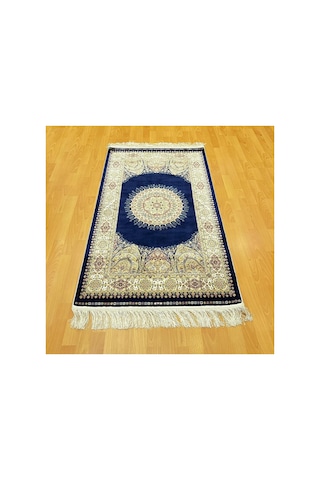 Dairesel Madalyon Göbek Motifli Lüks 90 X150 Cm İpek Halı Mavi