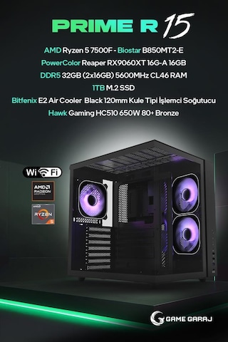 Game Garaj PRIME-R15 R5-7500F 16 GB RX9060XT 32 GB 1 TB SSD Free Dos Oem Paket Masaüstü Oyuncu Bilgisayarı