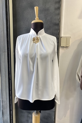 Pera Moda Gold Broş Detaylı Şık Bluz Gömlek Beyaz