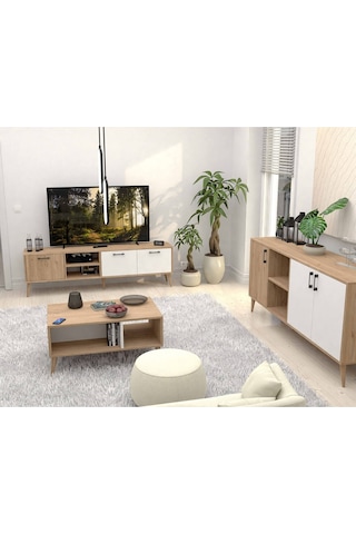 Set 1585-2074-1624 Exxen Ahşap Ayaklı Tv Ünitesi - Orta Sehpa - Konsol Seti Sepet - Beyaz