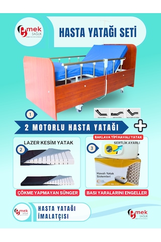 2 Motorlu Ahşap Hasta Karyolası Lazer Kesim Yataklı Set