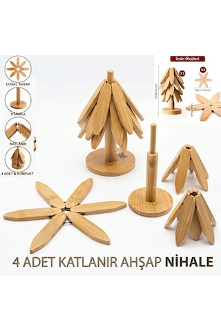 4'lü Standlı Bambu Nihale Pratik Katlanır Nihale Bambu Bardak Tencere Altlığı Isıya Dayanıklı