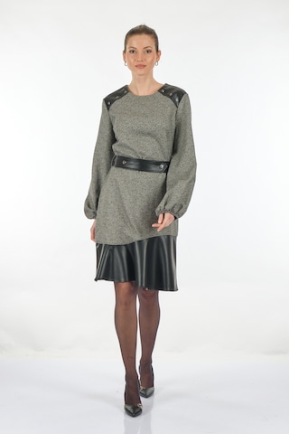 Unique Mode Yuvarlak Yaka Deri Detaylı Siyah Kadın Elbise Uw23350 001