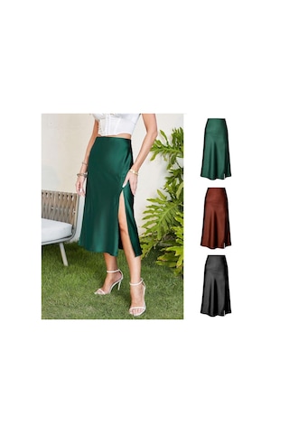 Yüksek Bel Saten Düz Renk Ayrık Uzun Büstiyer Etek Koyu Yeşil