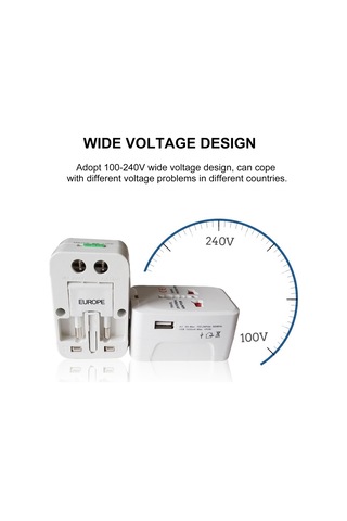 Hombey Evrensel Şarj Adaptörü, 4 Uluslararası Standart, 2 Usb, 2500w, Ateş Engelleme Pc/abs Plastik, Beyaz