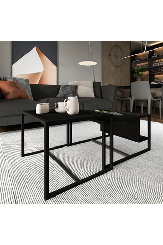 Batı 2 Li Modern Orta Sehpa Takımı Metal Ayaklı, Alt Raflı Siyah