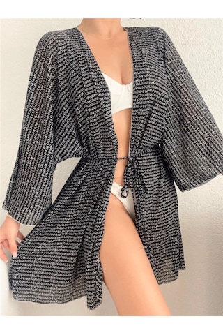 Pink Life Siyah Tül Üzeri Golf Baskılı Likralı Kimono Tarzı Pareo-siyah Siyah