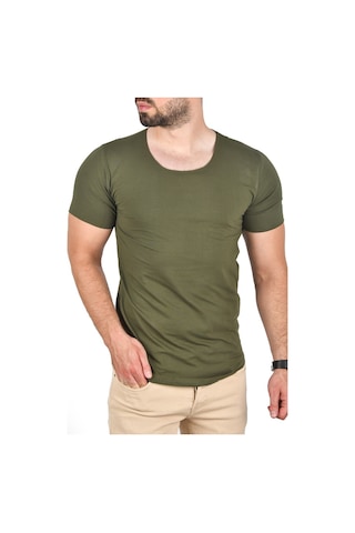 Deepsea Erkek Haki Geniş Yaka Likralı Tişört Oval Yaka Slim Fit Eteği Oval Açık Yaka T-shirt 1801199 Haki