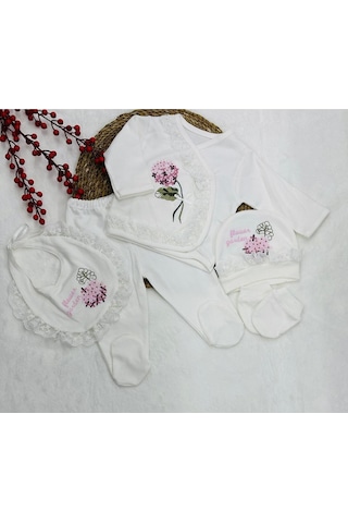Eda Baby Kanaviçe Gül İşlemeli 5'li Set Hastane Çıkışı Yenidoğan Beyaz