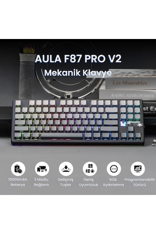 Aula F87 Pro V2 Mekanik Rgb Tkl Graywood V4 Switch Kablosuz Makrolu Hot Swap Klavye Gradyan Gri