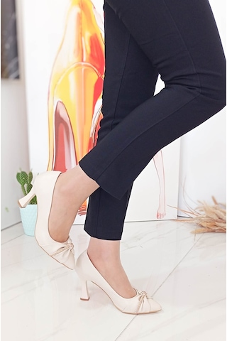 Bej Kadeh Yüksek Topuk Taş Desenli Kadın Stiletto Bej