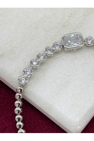 Dikdörtgen Ve Daire Swarovski Taşlı Silver Bileklik Silver
