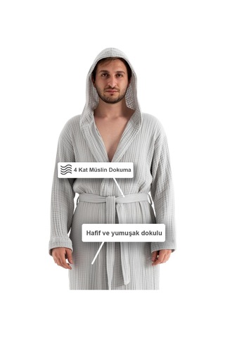 Unisex Kapşonlu 4 Kat Müslin Bornoz - Gri
