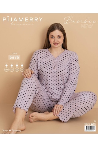 Pijamerry Kadın Büyük Beden Dantel Yaka Bambu Uzun Kol İnce Pijama Takımı 5675 - 1 Adet Lila