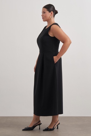 Pileli Kolsuz Cepli Uzun Elbise-6231 Siyah