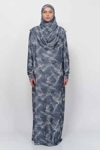 Pratik Tek Parça Ağaç Desenli Kollu Tak Çıkar Başörtülü Likralı Tesettür Namaz Elbisesi 990-0705 Gri Antrasit