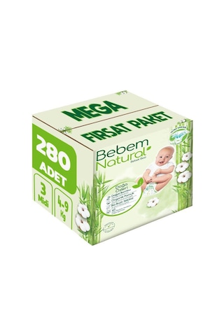 Bebem Bebek Bezi Natural Beden:3 4-9kg Midi 280 Adet 3 Numara