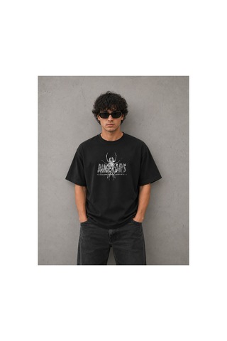 Yolo Street Siyah Örümcek Baskılı Oversize %100 Pamuk Erkek Tişört Vintage Dark Gothic Streetwear Siyah12a