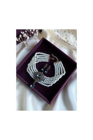 Baget Ve Su Damlası İnci Choker Tasma Kolye Ve Küpe Seti Beyaz