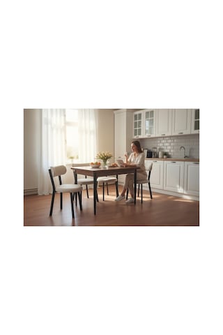Tool Aksesuar T-6018 Kemençe 70x120 Mdf Teddy Krem Sandalye 4 Kişik Mutfak Masası Takımı