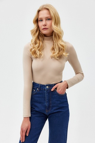 Açelyaokcu Yarım Balıkçı Dik Yaka Altı Çıt Çıtlı Bodysuit Bluz Bej