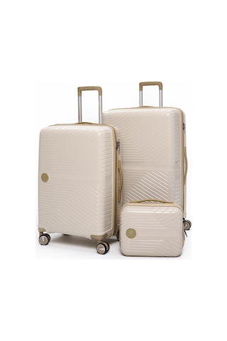 Elatae Exclusive Pro Polipropilen Kırılmaz 3'lü Valiz Seti Büyük - Orta Boy Ve Makyaj Çantası Bej - Vizon 5239 Bej - Vizon