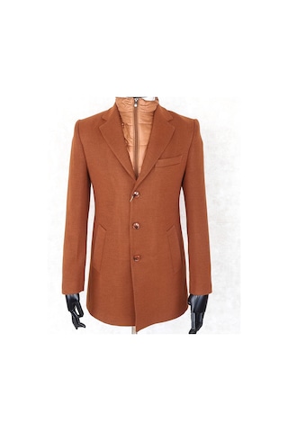 Jan Carlucci Erkek Slim Fit Turuncu Çıkmalı Ceket Yaka Içi Kapitoneli Tek Yırtmaç Dizüstü Kaşe Kaban Turuncu