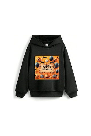 Stil X Halloween - Cadılar Bayramı Baskılı, Kapüşonlu Çocuk Sweatshırt, 3 İplik Şardonlu Siyah-2