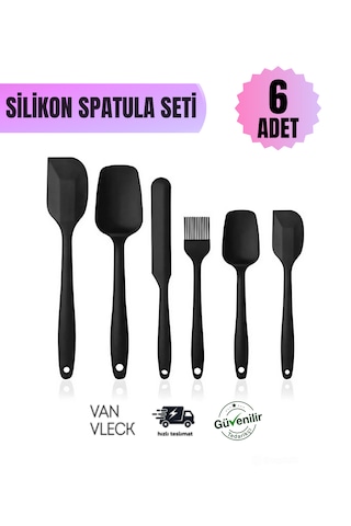 6 Lı Silikon Mutfak Seti Kaşık , Spatula , Fırça Ve Sıyırma Spatulası Isıya Dayanıklı Siyah