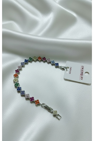 Renkli Taşlı Silver Renk Çelik Çiçekli Atarlanabilir Bileklik - Özel Seri Silver