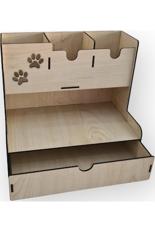 Ahşap Masaüstü 3 Bölmeli, Çekmeceli Kalemlik Masaüstü Organizer