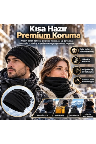 Elitse Unisex Premium Polar Bere Boyunluk 2 Adet Set 2'si 1 Arada Sıcak Tutan Rüzgar Korumalı Outdoor Siyah