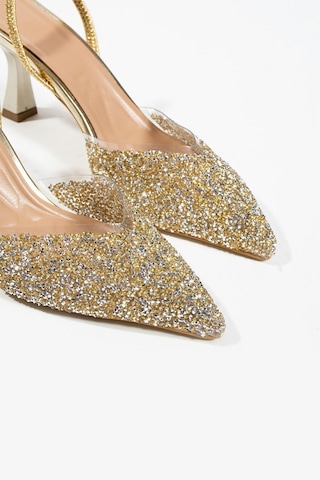 Duxal Shoes London Cam Kırıntıları Detay Arkası Açık Topuklu Ayakkabı Gold