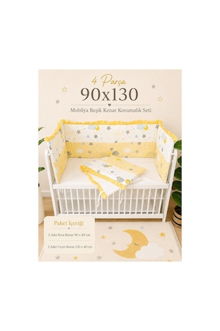 90x130 Mobilya Beşik Koruma Seti - 4 Parça Rüya Serisi Sarı Fırfırlı