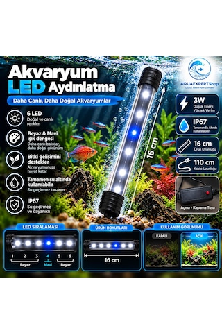 Akvaryum Işığı - Balık Işığı - Tamamen Su İçinde Kullanılabilir - 16 Cm - 6 Led - Mavi Beyaz - Açma Kapatma Tuşlu - 3w - Güçlü Işık