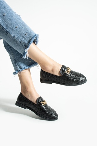 Lebibe Shoes Maby Kadın Siyah Örgü Dokulu Zincir Detaylı Loafer Düz Ayakkabı Babet